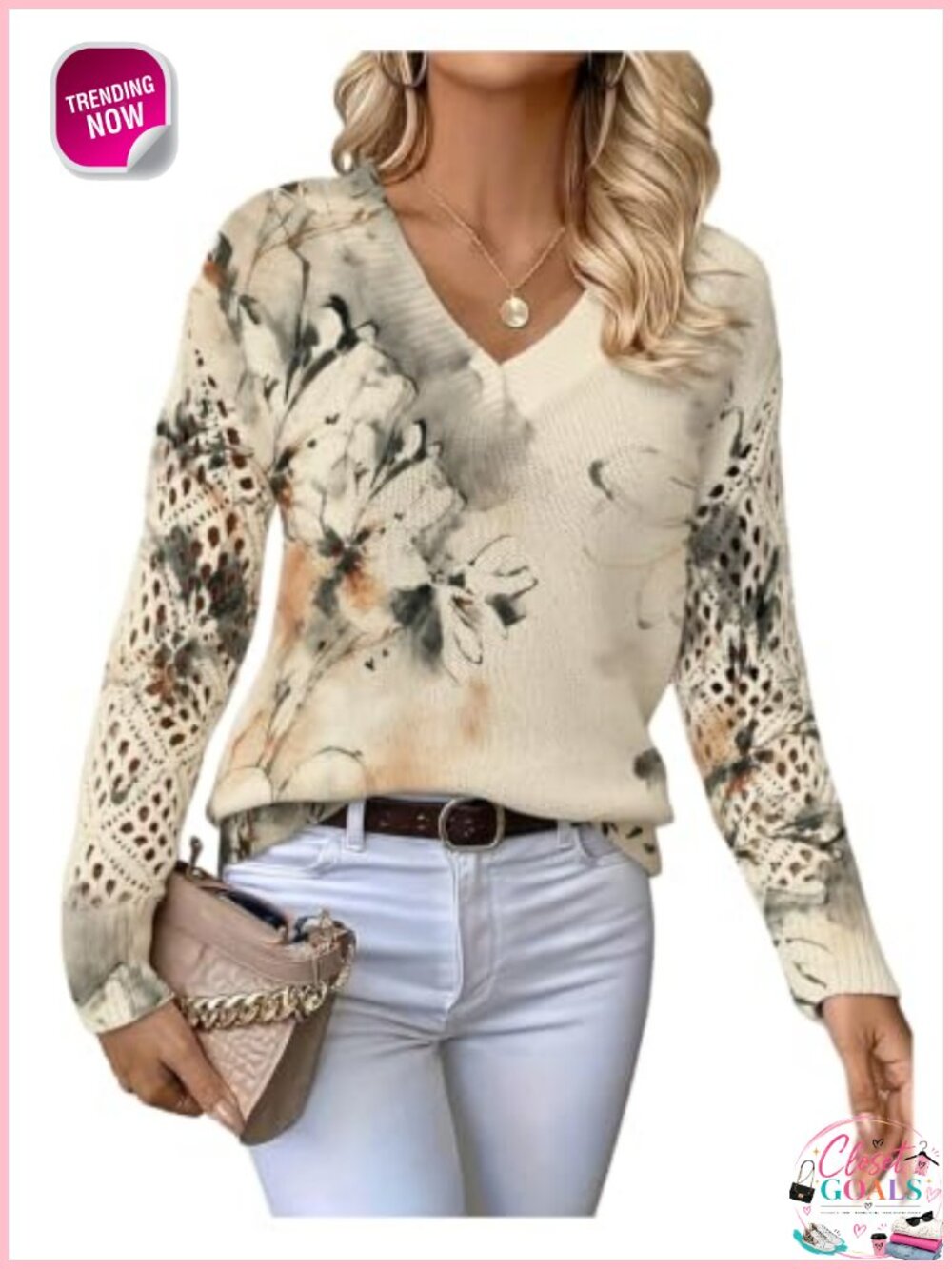Floral V-Neck Long Sleeve Lightweight Pullover Sweater